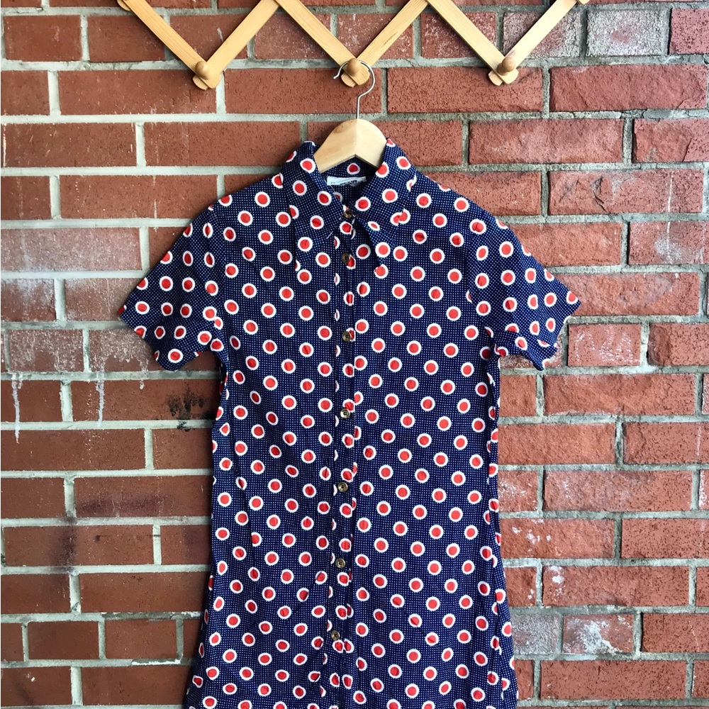 1960's Bobbie Brooks Mod Shirt Dress Dagger Collar Navy Blue Red Polka Dots Butt
